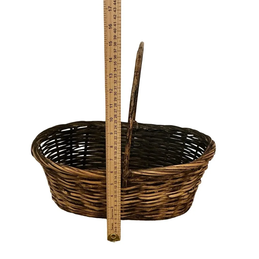 Vintage Wicker Gathering Basket Black Interior Farmhouse Rustic 15x8.75 x 15